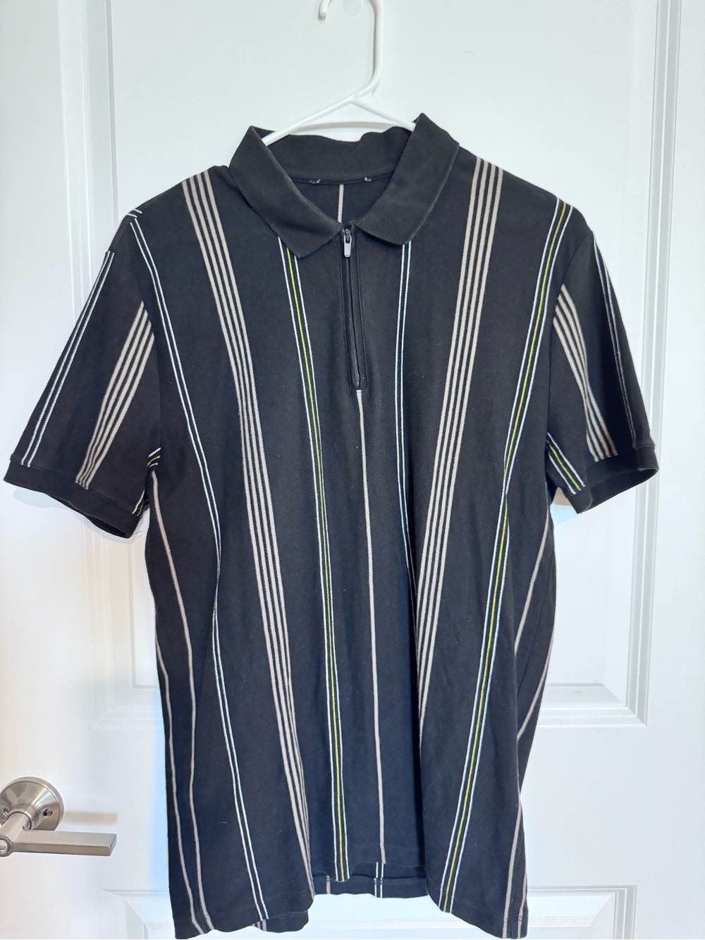 Express Black Short-Sleeve Zip Polo with Cream & Green Stripes